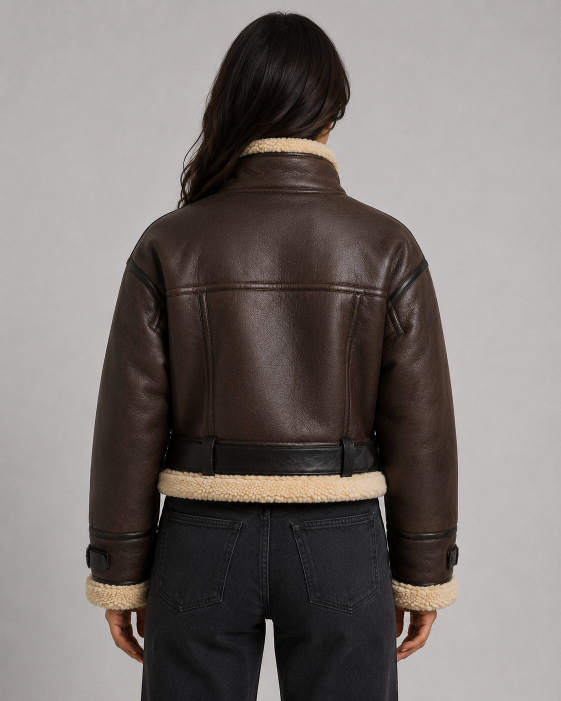 Women's Cropped Faux Leather Aviator Jacket with Shearling Collar