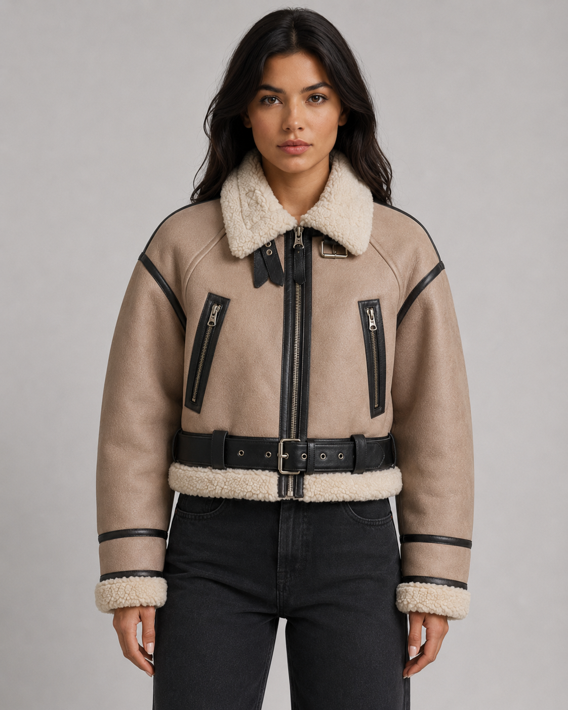 Women's Cropped Faux Leather Aviator Jacket with Shearling Collar