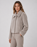 Women's Cropped Fur Jacket - Wide Collar Long Sleeve