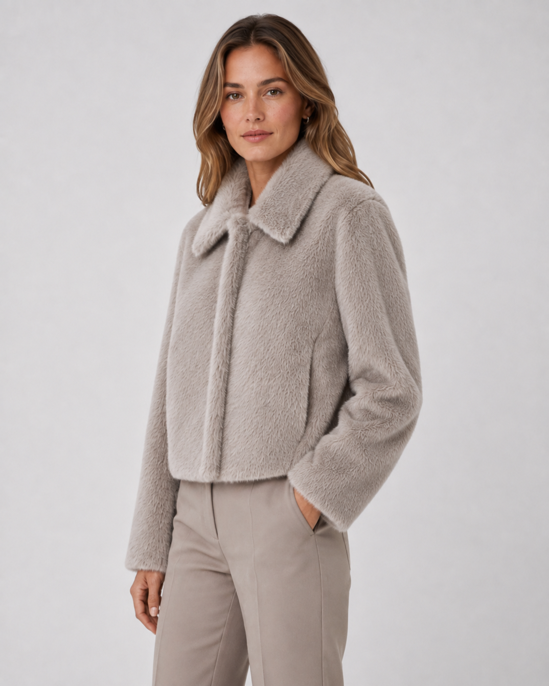 Women's Cropped Fur Jacket - Wide Collar Long Sleeve