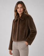 Women's Cropped Fur Jacket - Wide Collar Long Sleeve