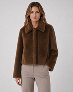 Women's Cropped Fur Jacket - Wide Collar Long Sleeve