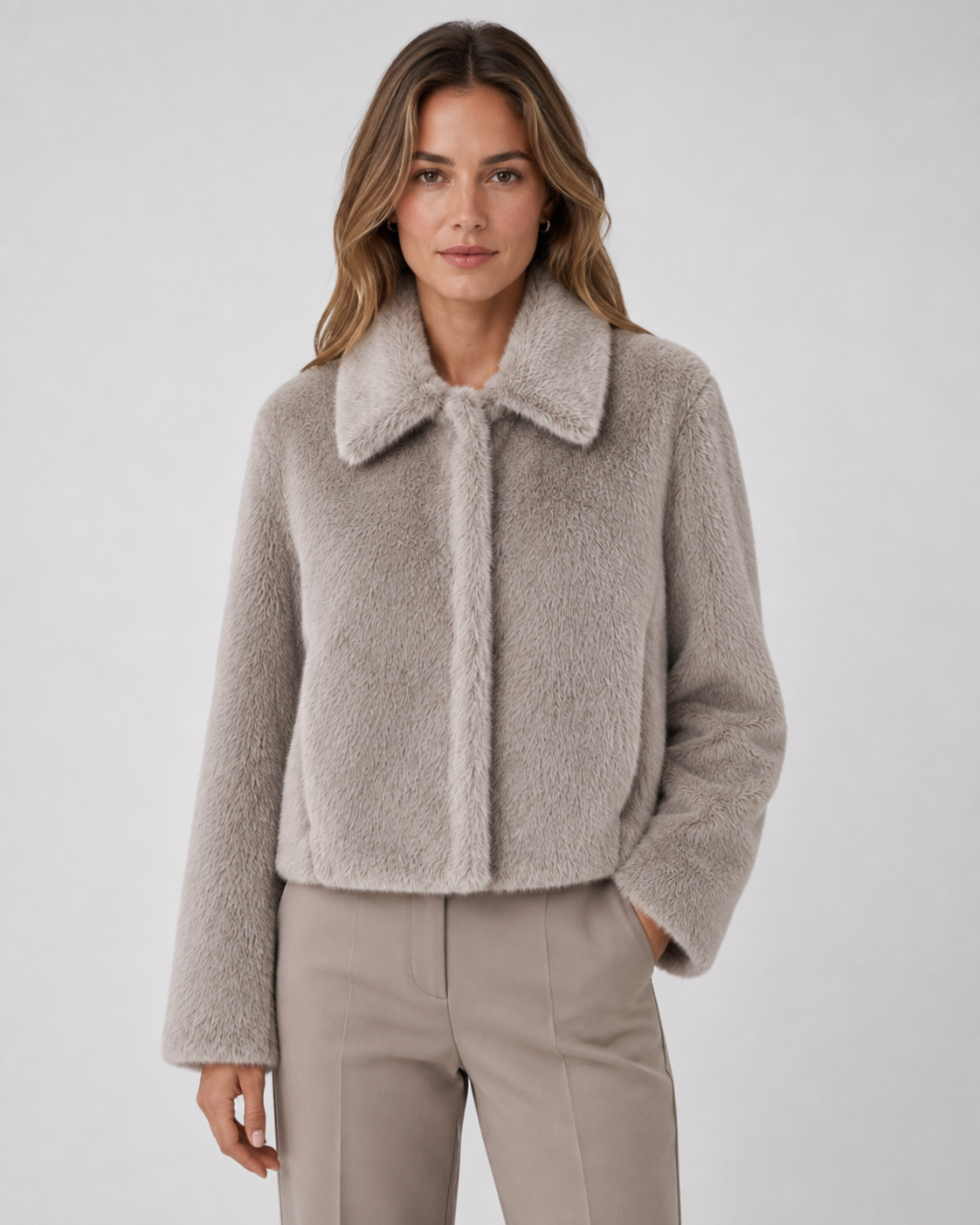 Women's Cropped Fur Jacket - Wide Collar Long Sleeve
