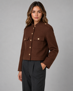 Women's Cropped Gold Button Jacket - Stand Collar