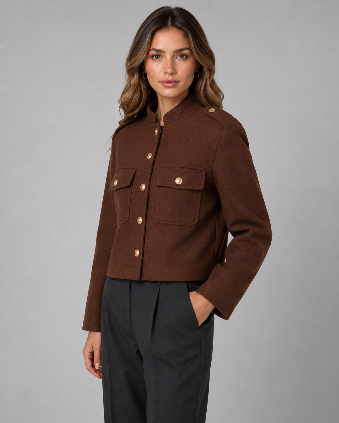 Women's Cropped Gold Button Jacket - Stand Collar