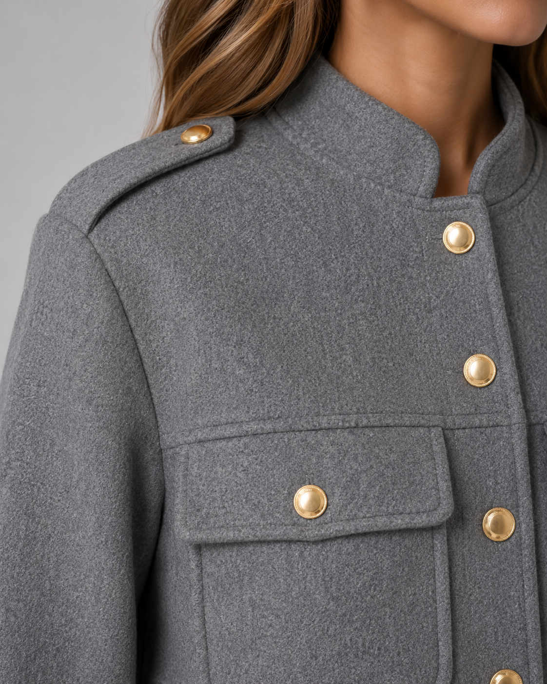 Women's Cropped Gold Button Jacket - Stand Collar