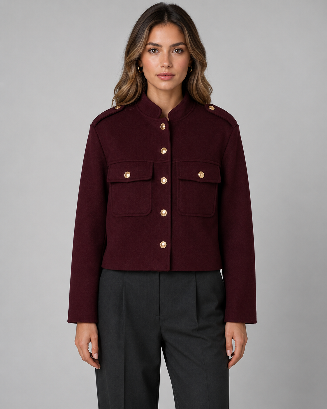 Women's Cropped Gold Button Jacket - Stand Collar
