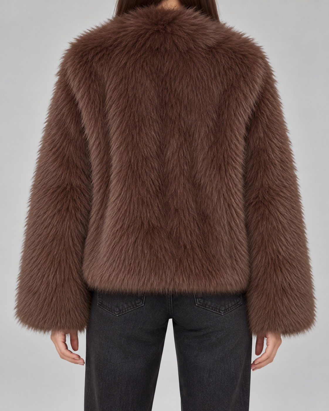 Women's Deep Brown Faux Fur Jacket - Cropped Fit