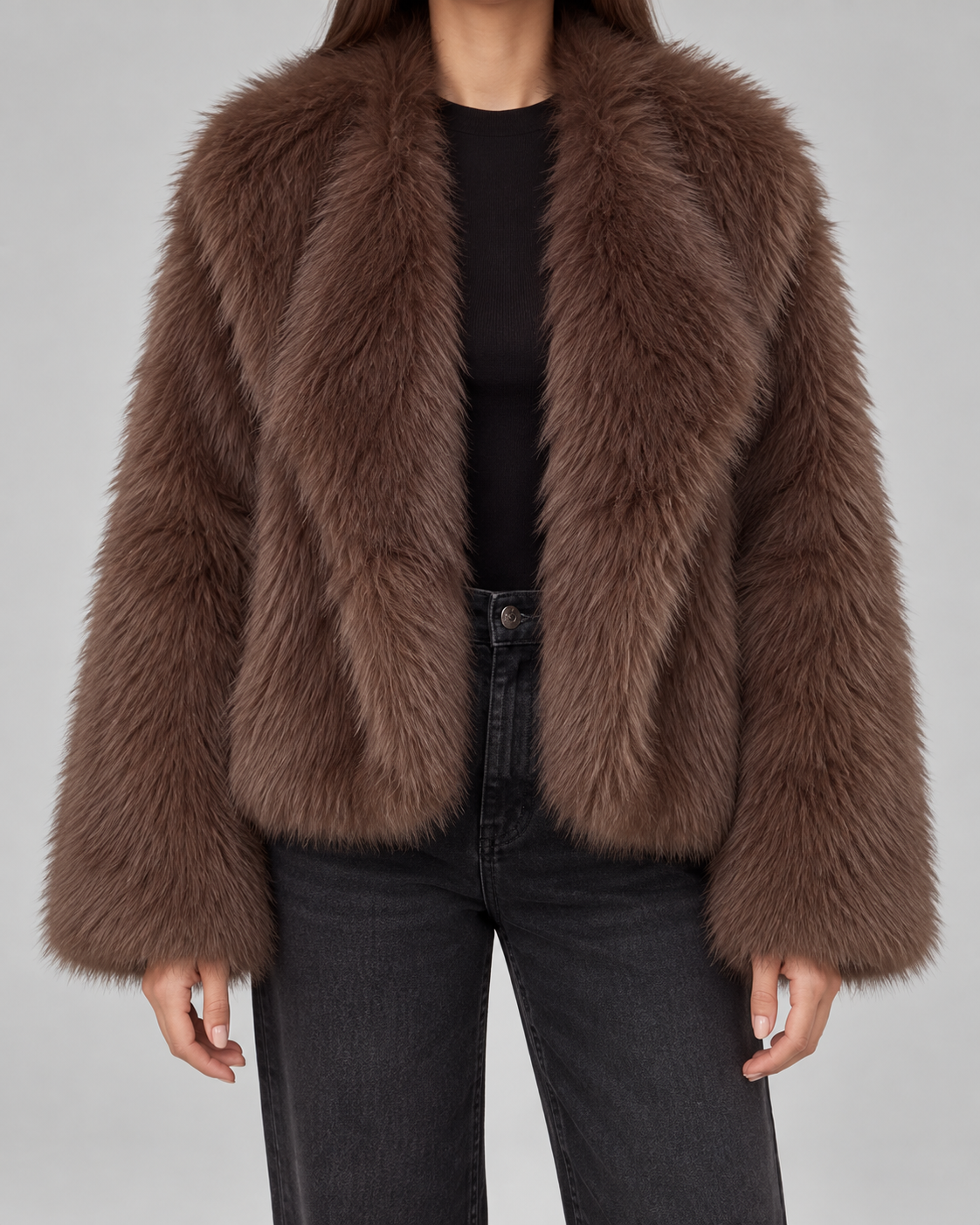 Women's Deep Brown Faux Fur Jacket - Cropped Fit