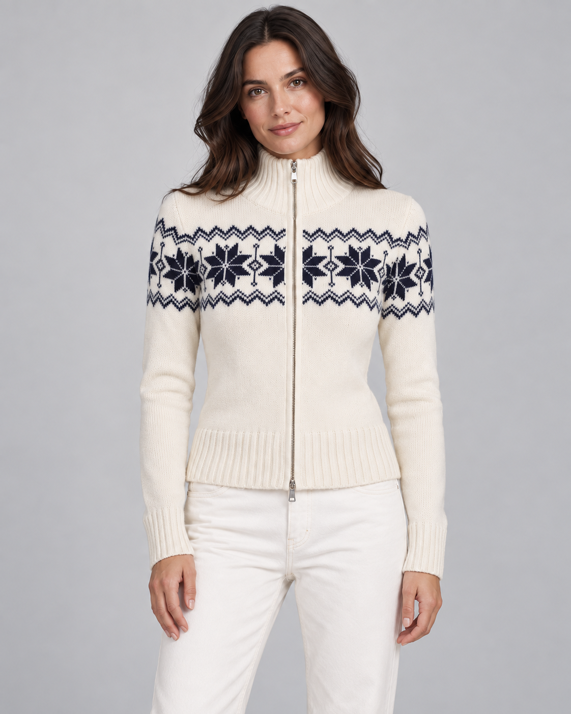 Women's Fair Isle Cardigan - Snowflake Funnel Neck
