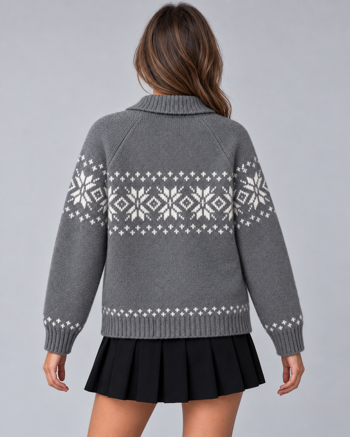 Women's Fair Isle Cardigan - Snowflake Ribbed Collar