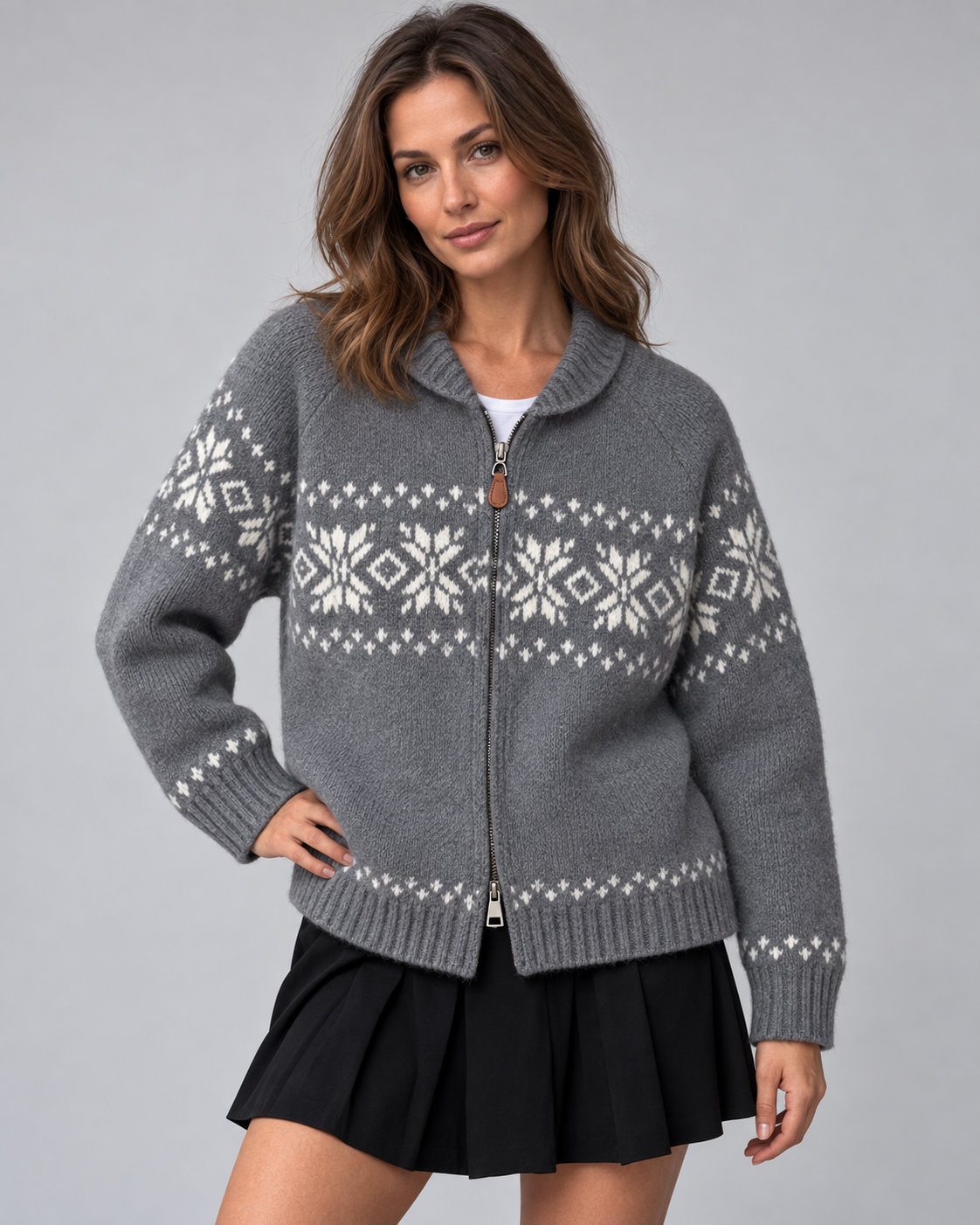 Women's Fair Isle Cardigan - Snowflake Ribbed Collar