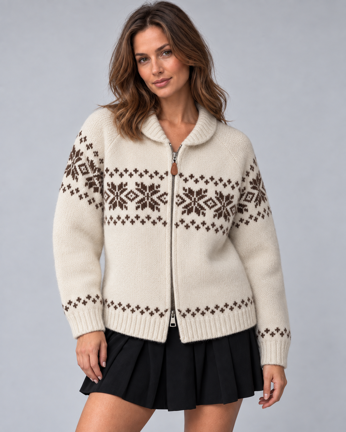 Women's Fair Isle Cardigan - Snowflake Ribbed Collar