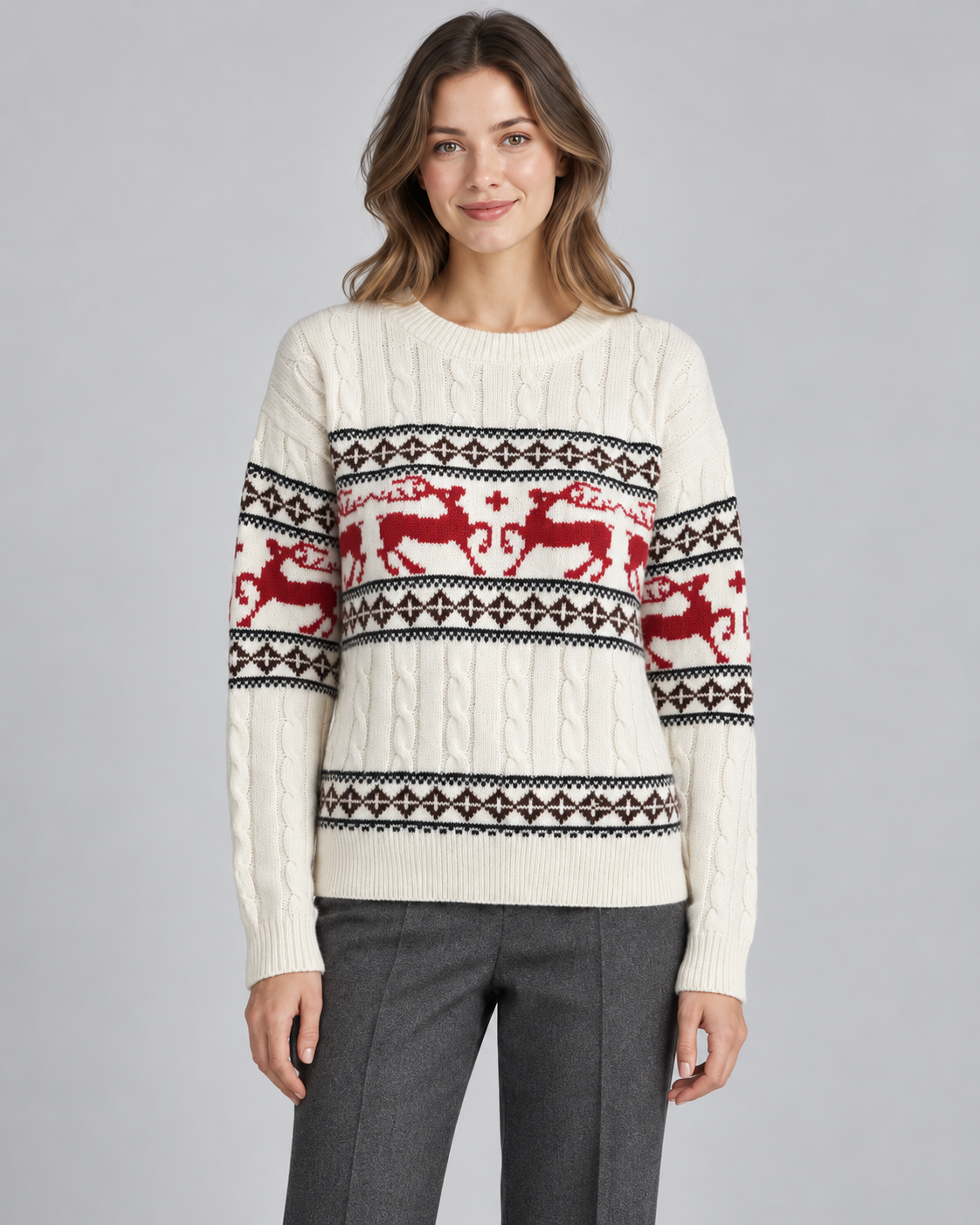 Women's Fair Isle Christmas Sweater - Aran Cable Reindeer
