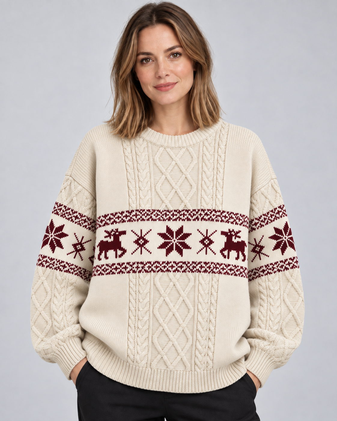 Women's Fair Isle Christmas Sweater - Cable Knit Reindeer