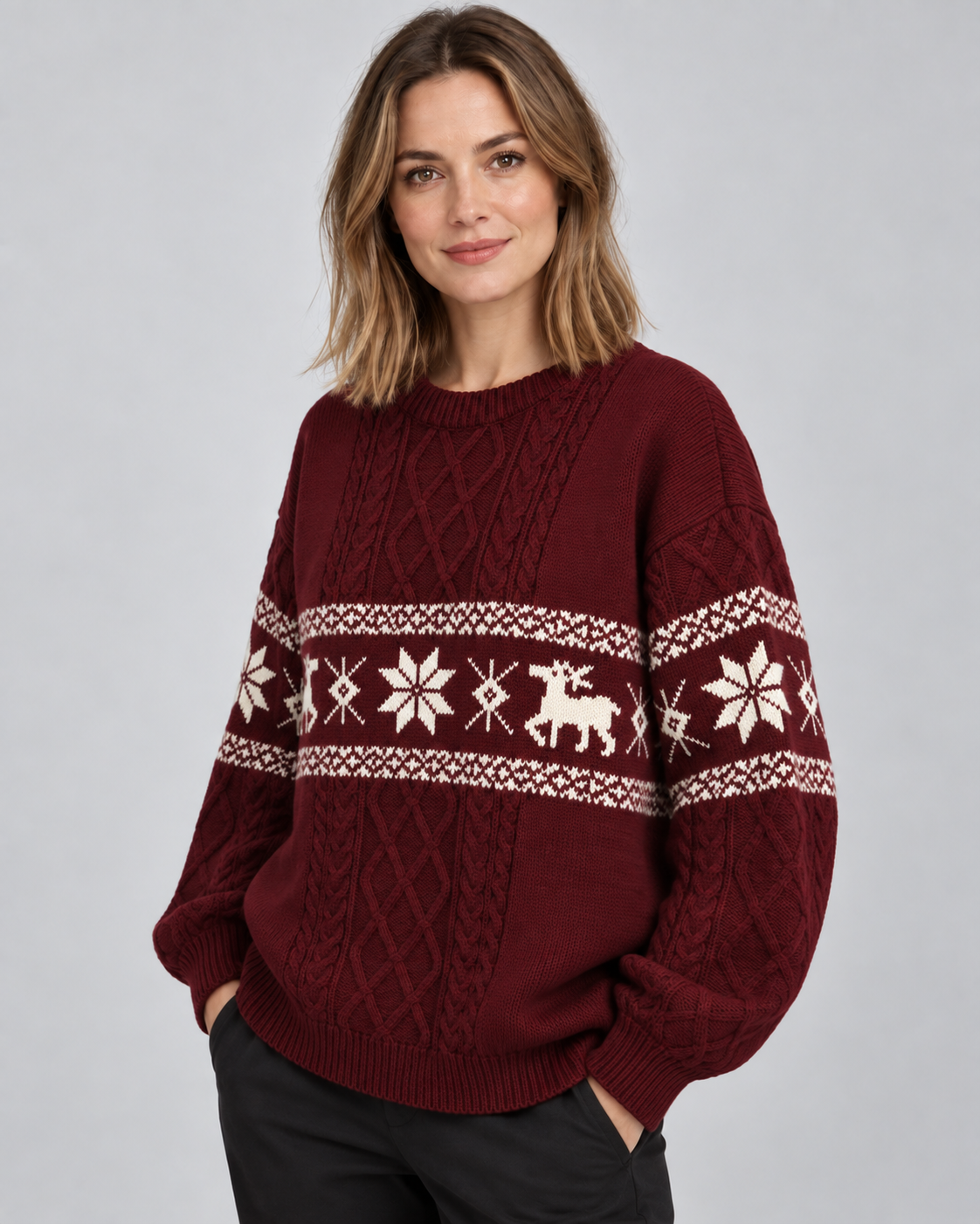 Women's Fair Isle Christmas Sweater - Cable Knit Reindeer