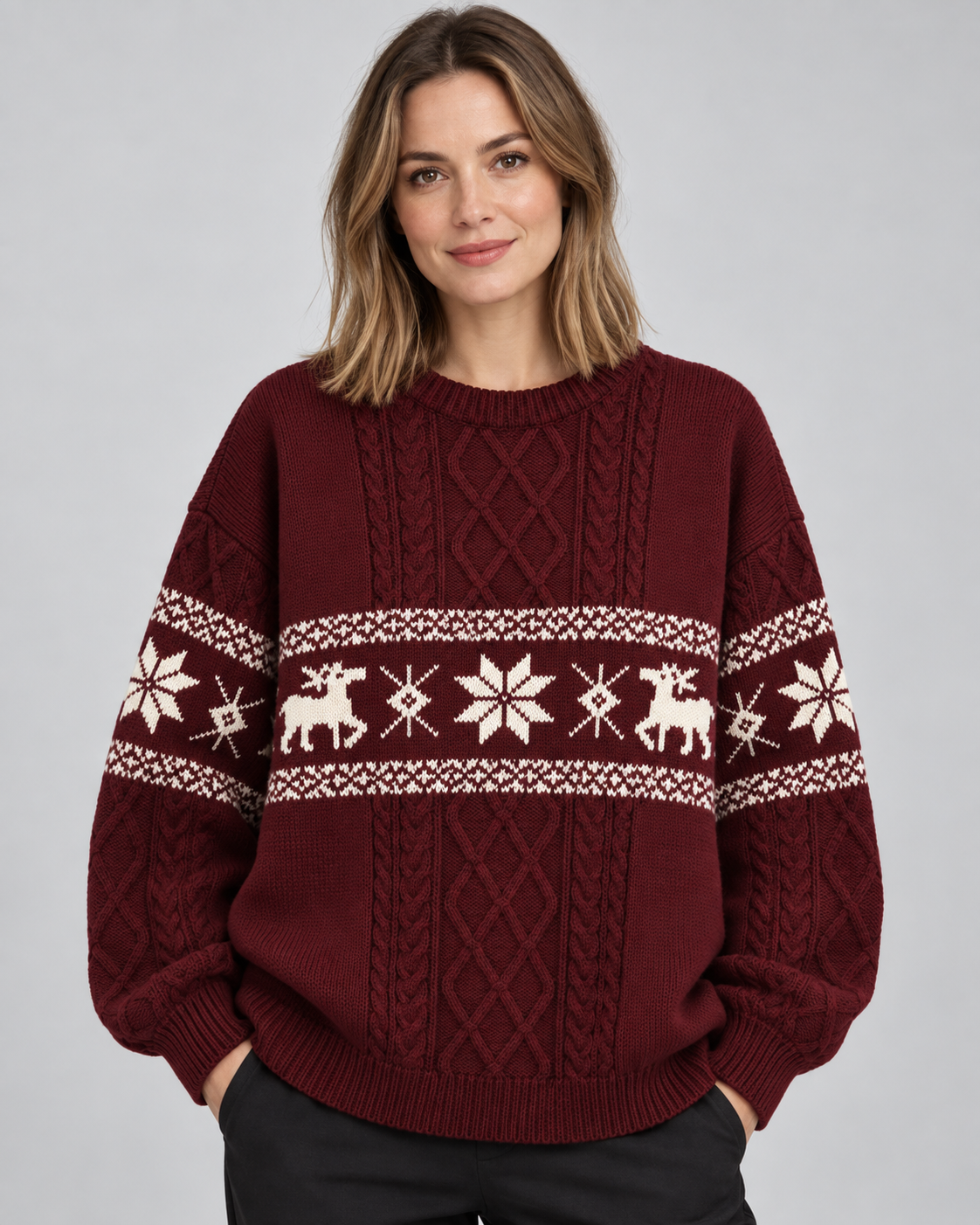 Women's Fair Isle Christmas Sweater - Cable Knit Reindeer