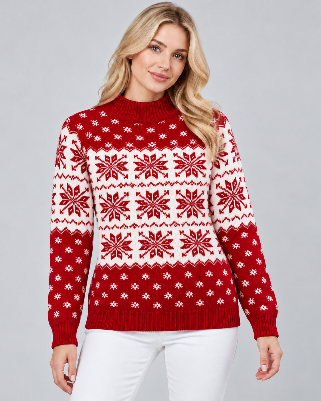 Women's Fair Isle Christmas Sweater - Checkered Trim Snowflake