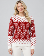 Women's Fair Isle Christmas Sweater - Checkered Trim Snowflake