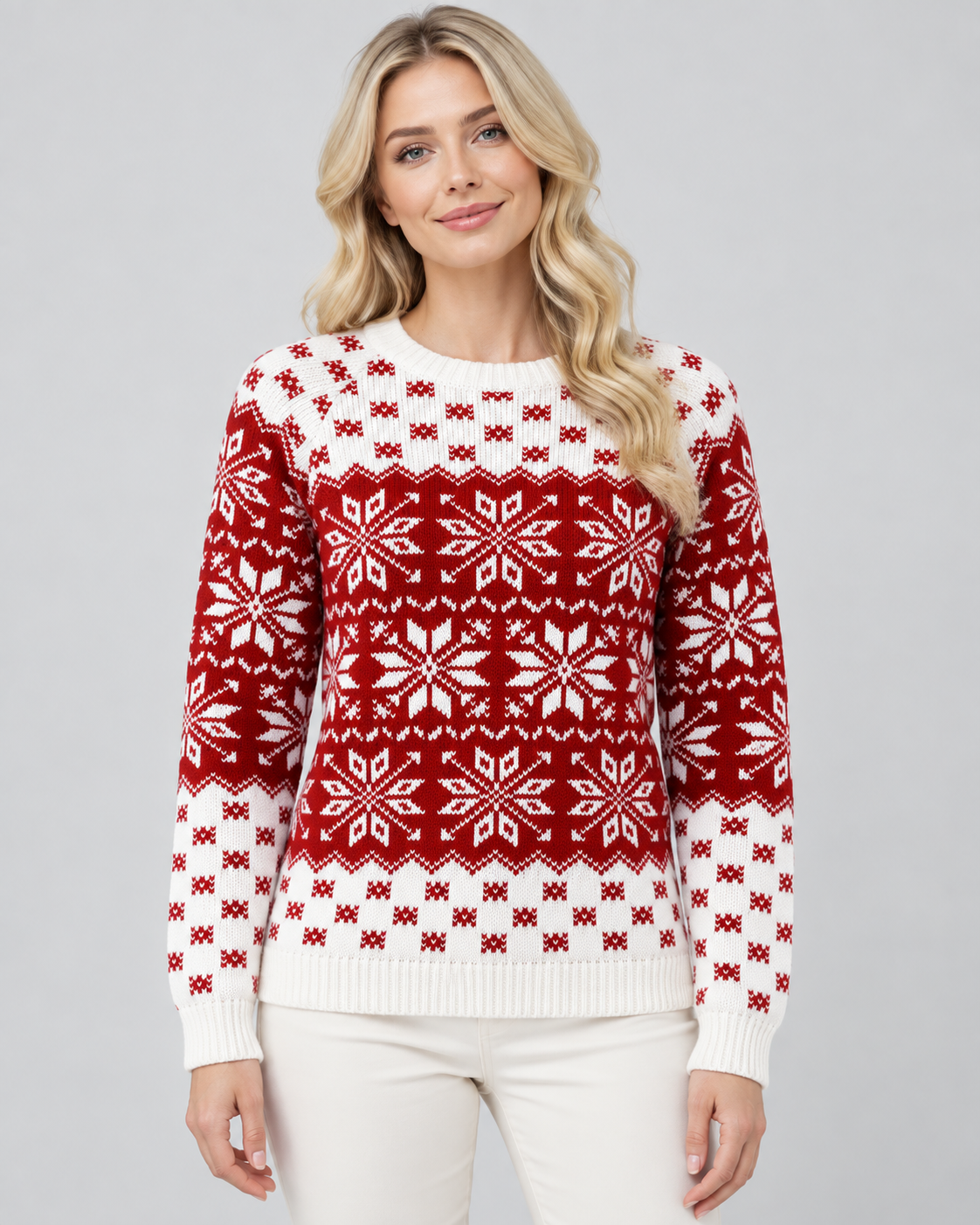 Women's Fair Isle Christmas Sweater - Checkered Trim Snowflake