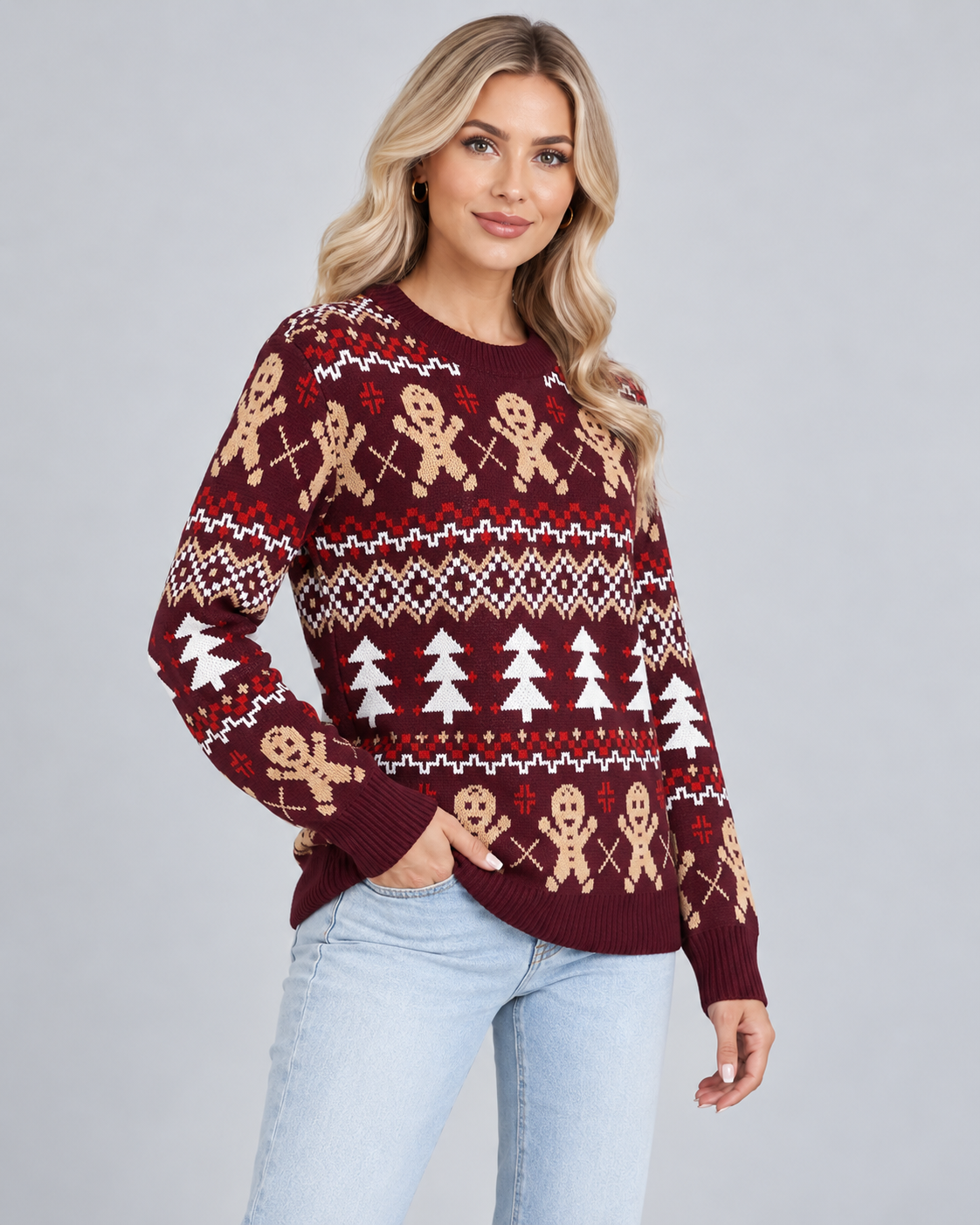Women's Fair Isle Christmas Sweater - Gingerbread Crew Neck