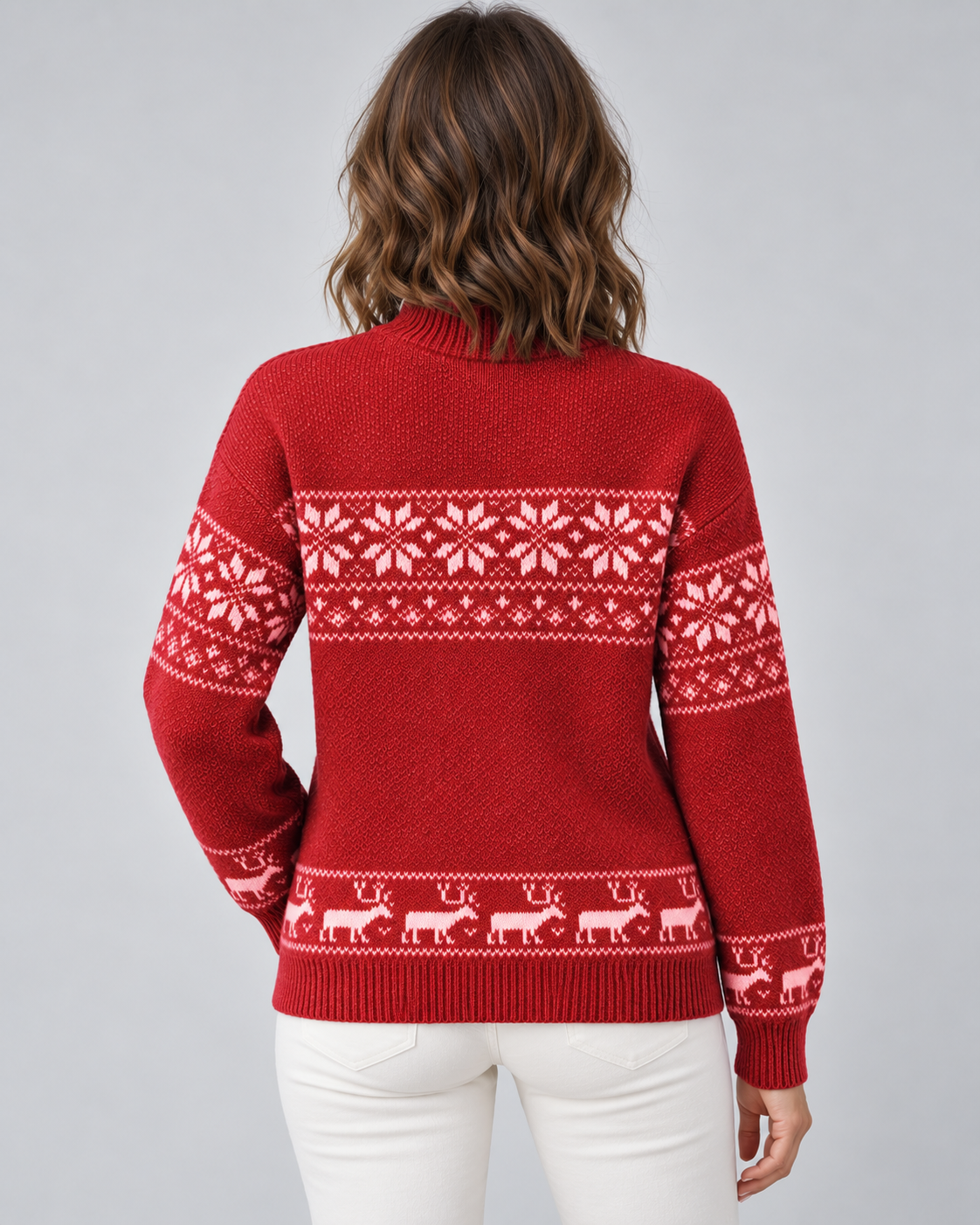 Women's Fair Isle Christmas Sweater - Mock Neck Reindeer Hem