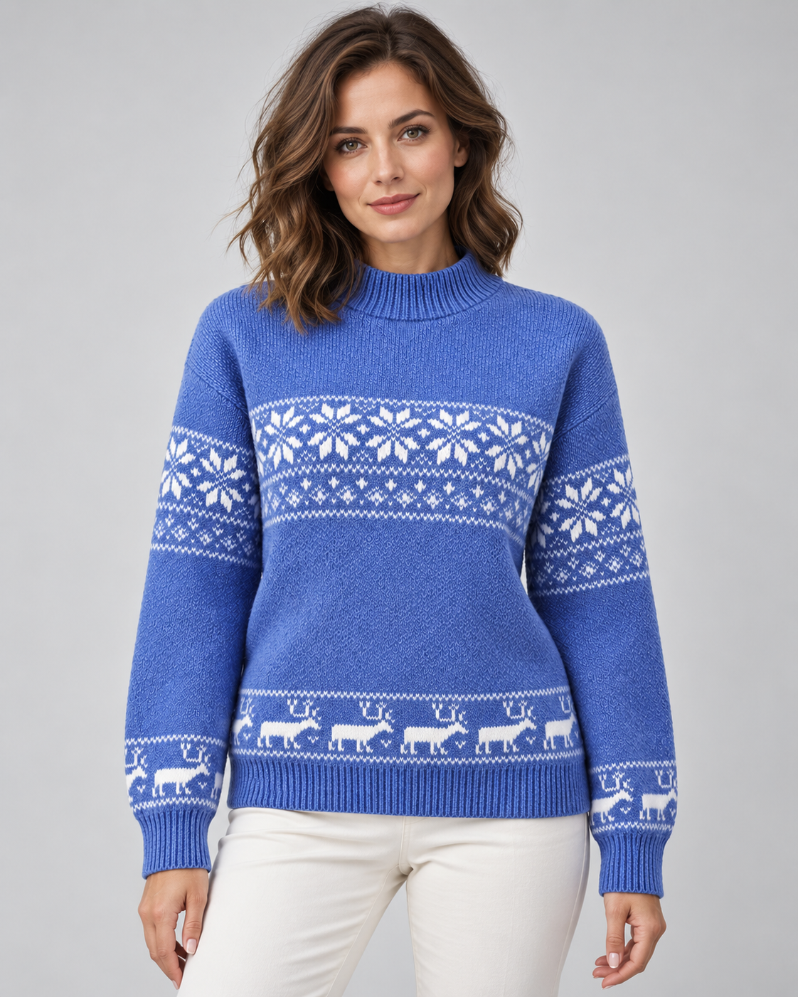 Women's Fair Isle Christmas Sweater - Mock Neck Reindeer Hem