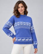 Women's Fair Isle Christmas Sweater - Mock Neck Reindeer Hem
