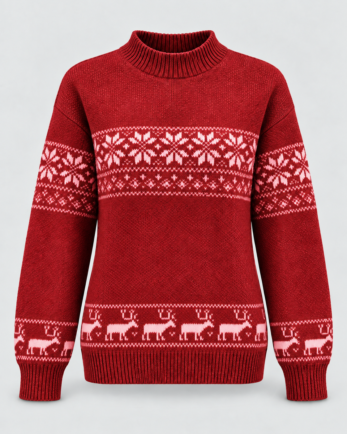 Women's Fair Isle Christmas Sweater - Mock Neck Reindeer Hem
