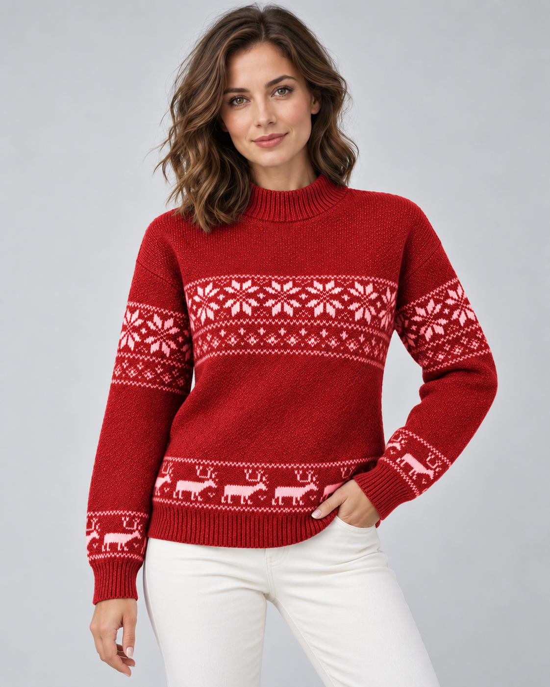 Women's Fair Isle Christmas Sweater - Mock Neck Reindeer Hem