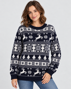 Women's Fair Isle Christmas Sweater - Reindeer Fir Tree Crew Neck