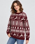 Women's Fair Isle Christmas Sweater - Reindeer Fir Tree Crew Neck