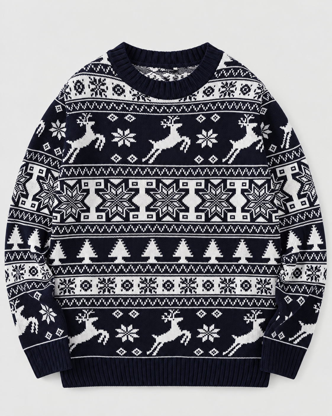 Women's Fair Isle Christmas Sweater - Reindeer Fir Tree Crew Neck