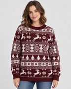 Women's Fair Isle Christmas Sweater - Reindeer Fir Tree Crew Neck