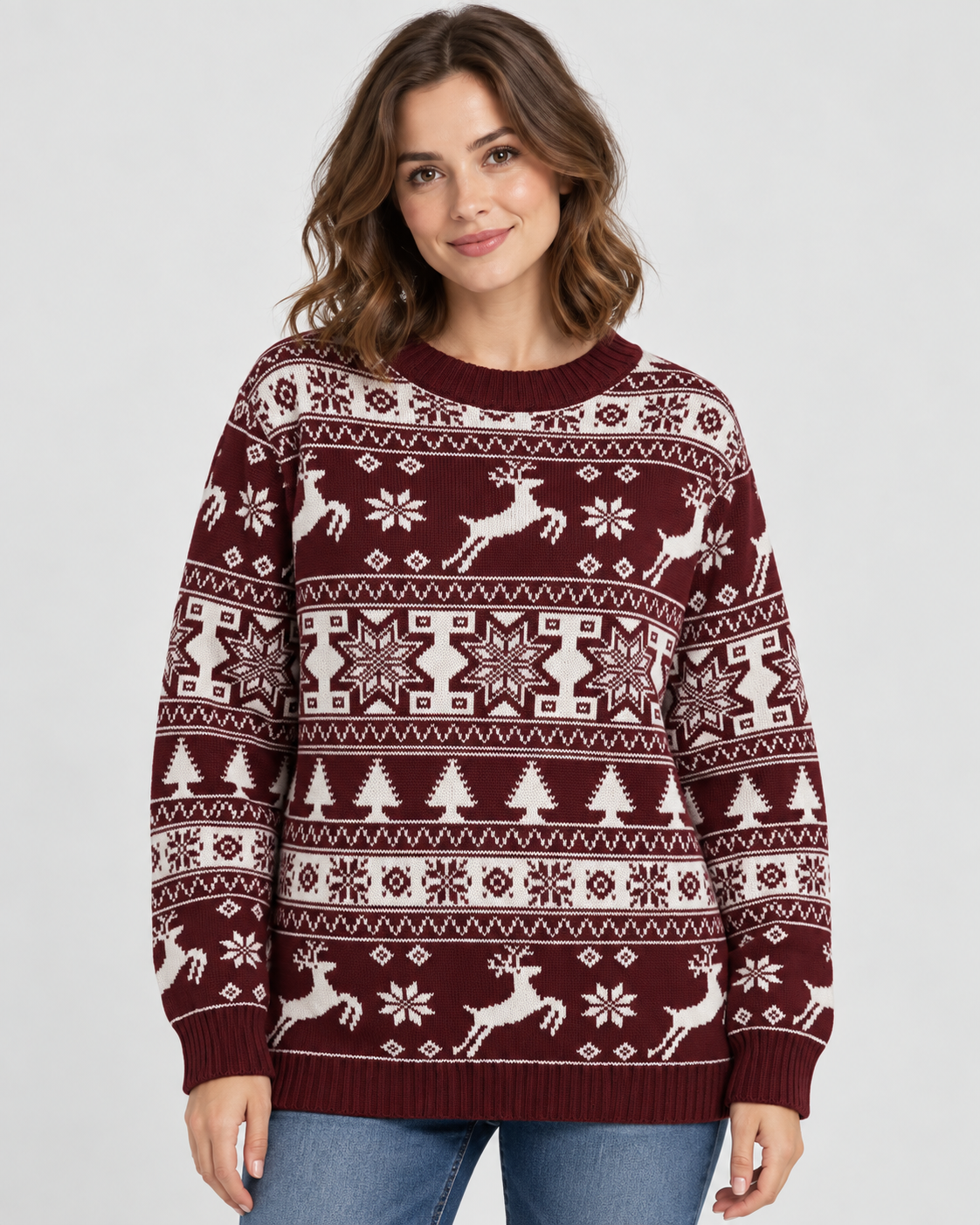 Women's Fair Isle Christmas Sweater - Reindeer Fir Tree Crew Neck