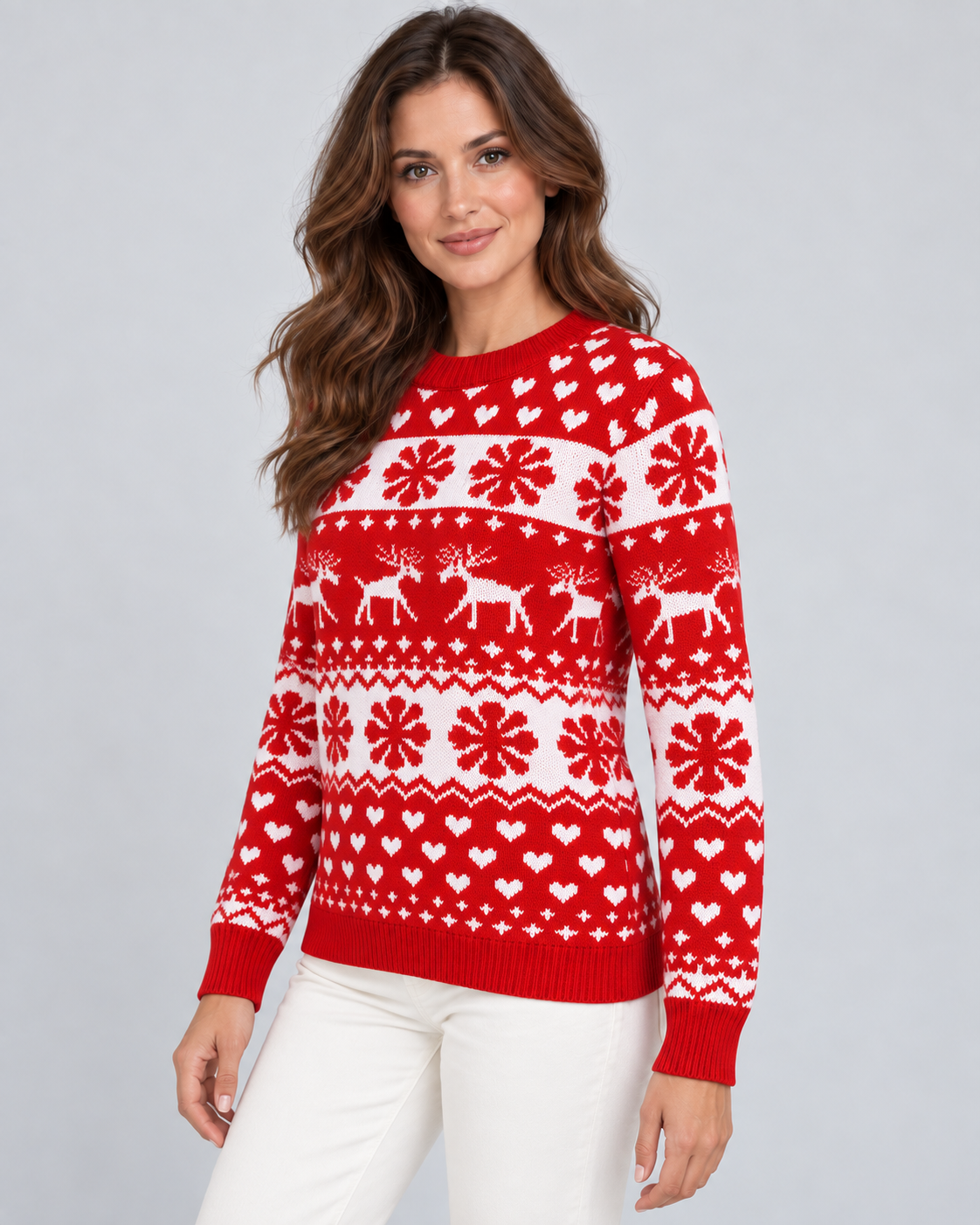 Women's Fair Isle Christmas Sweater - Reindeer Snowflake Crew Neck