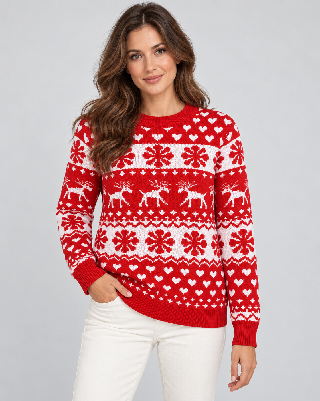 Women's Fair Isle Christmas Sweater - Reindeer Snowflake Crew Neck