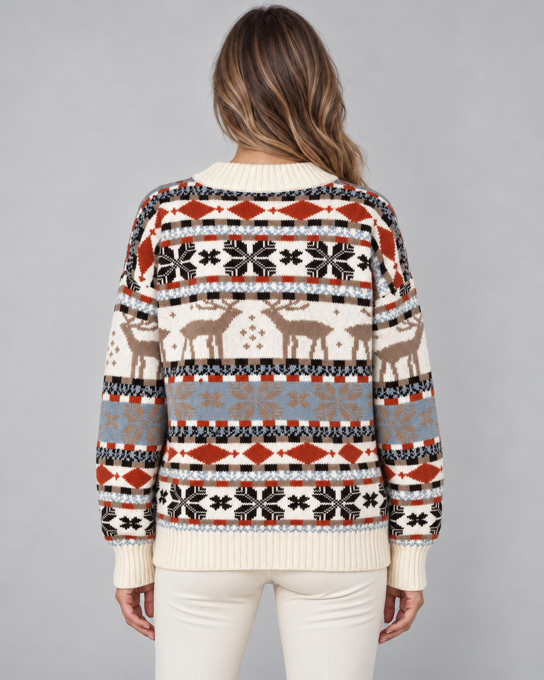 Women's Fair Isle Christmas Sweater - Reindeer Snowflake Mock Neck