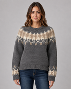 Women's Fair Isle Knit Sweater - Crew Neck Relaxed Fit