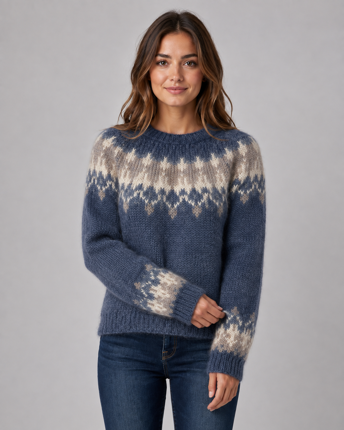 Women's Fair Isle Knit Sweater - Crew Neck Relaxed Fit