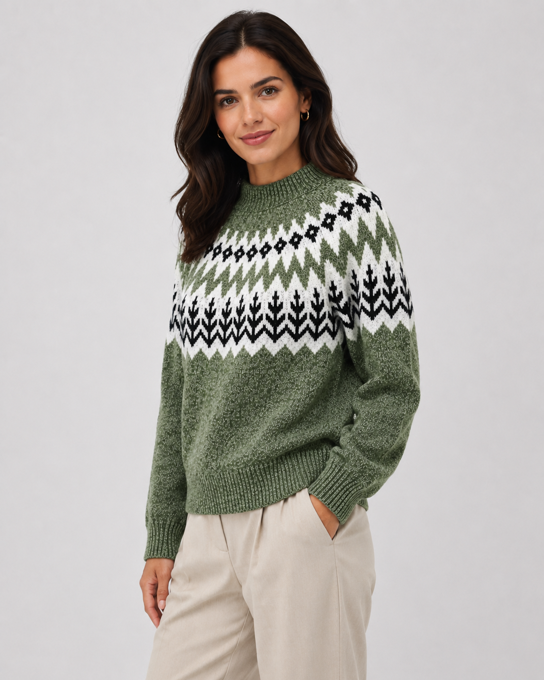 Women's Fair Isle Knit Sweater - Ribbed Mock Neck Relaxed Fit