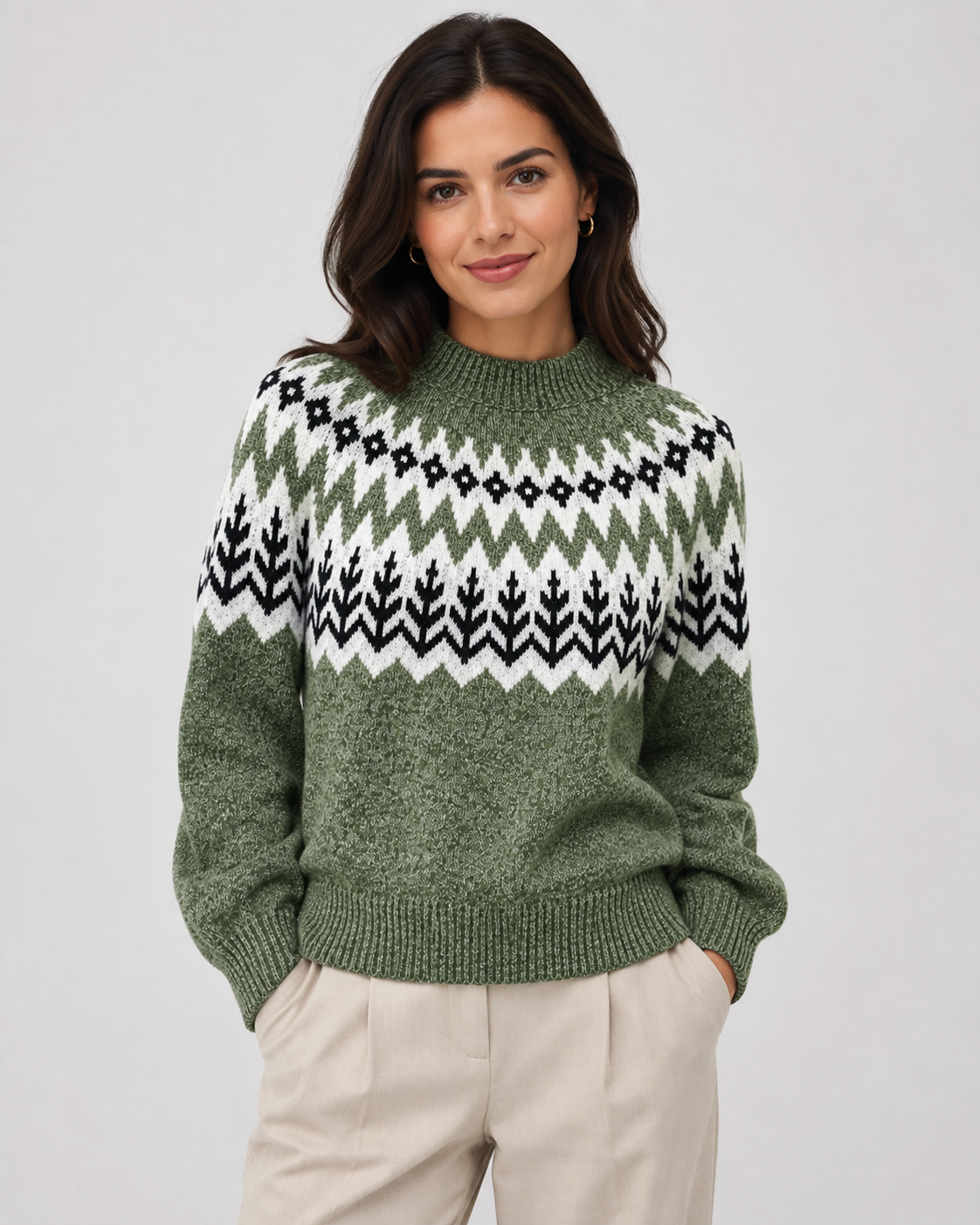 Women's Fair Isle Knit Sweater - Ribbed Mock Neck Relaxed Fit