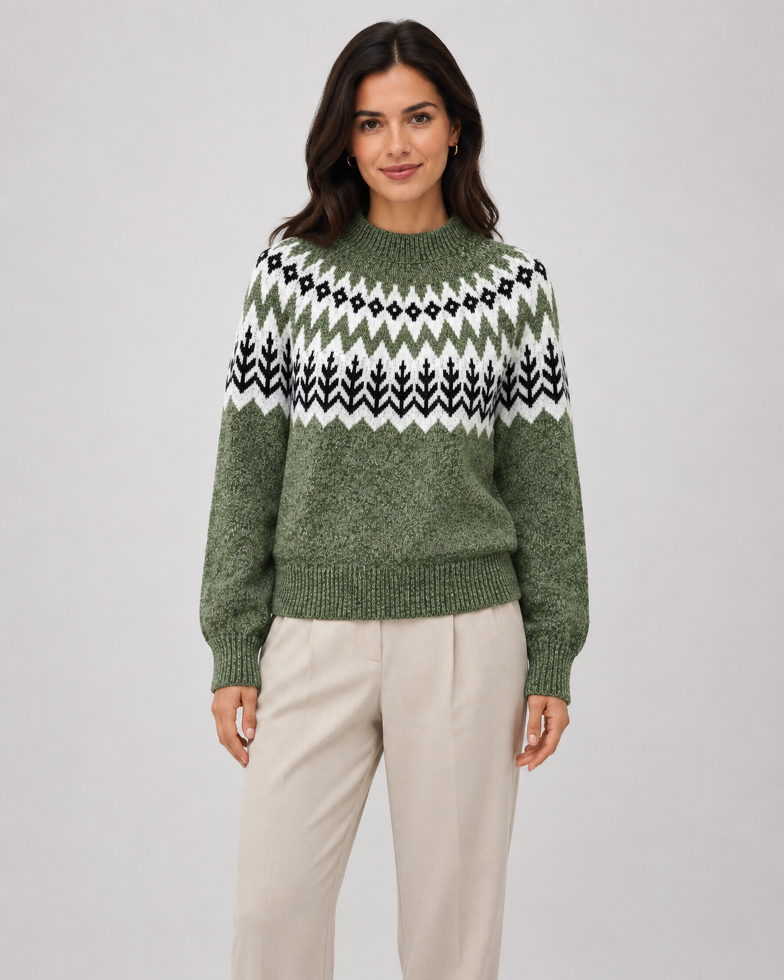 Women's Fair Isle Knit Sweater - Ribbed Mock Neck Relaxed Fit