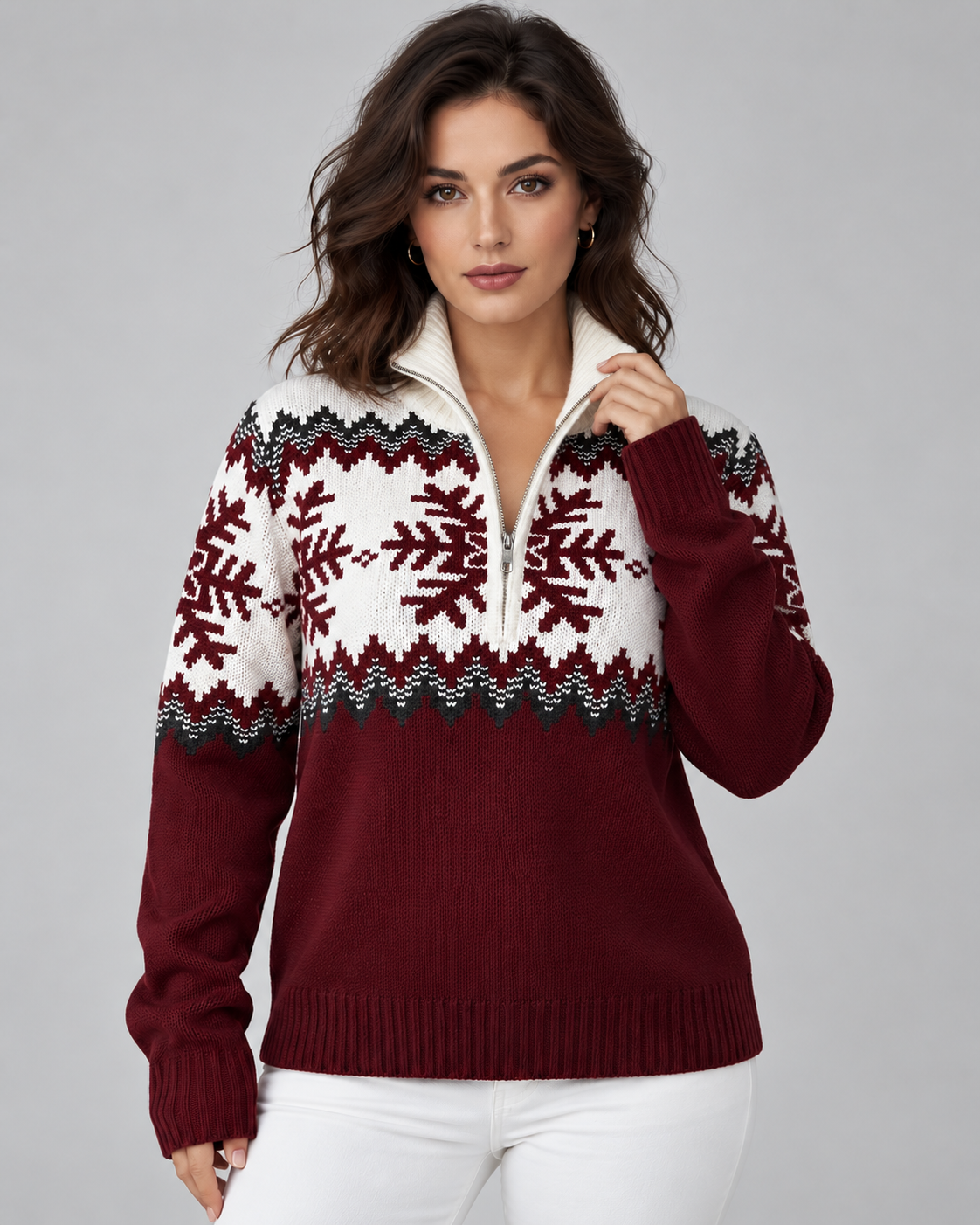 Women's Fair Isle Quarter Zip Sweater - Snowflake