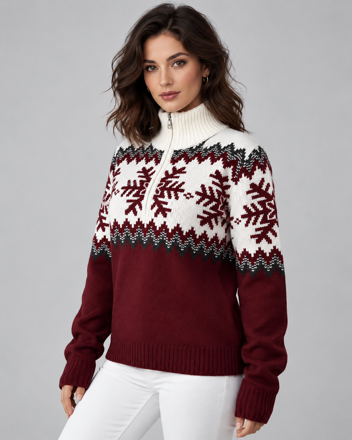 Women's Fair Isle Quarter Zip Sweater - Snowflake