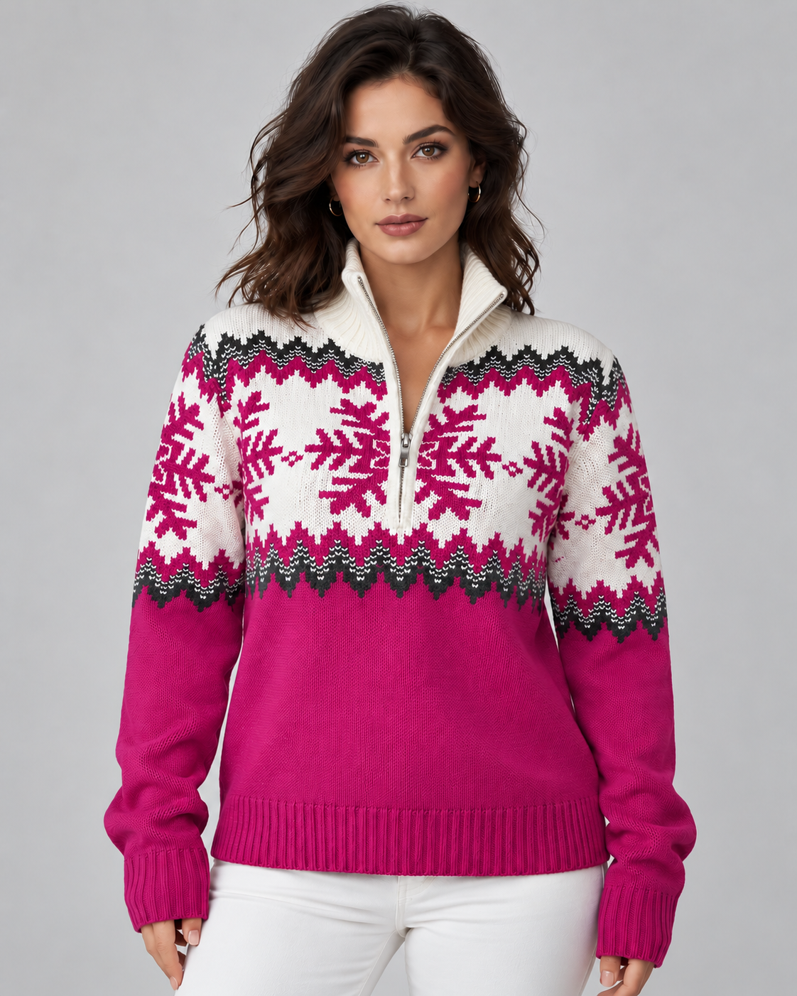Women's Fair Isle Quarter Zip Sweater - Snowflake