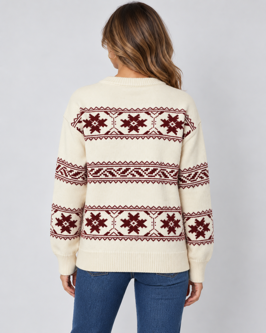 Women's Fair Isle Sweater - Crew Neck Snowflake Relaxed Fit
