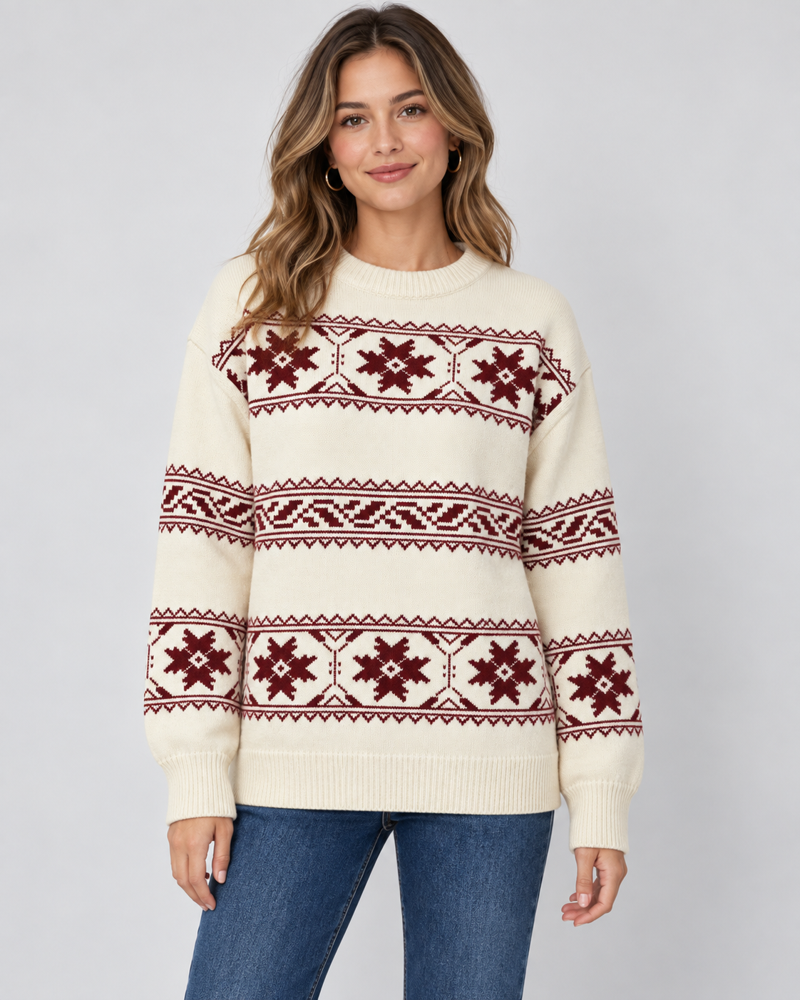 Women's Fair Isle Sweater - Crew Neck Snowflake Relaxed Fit