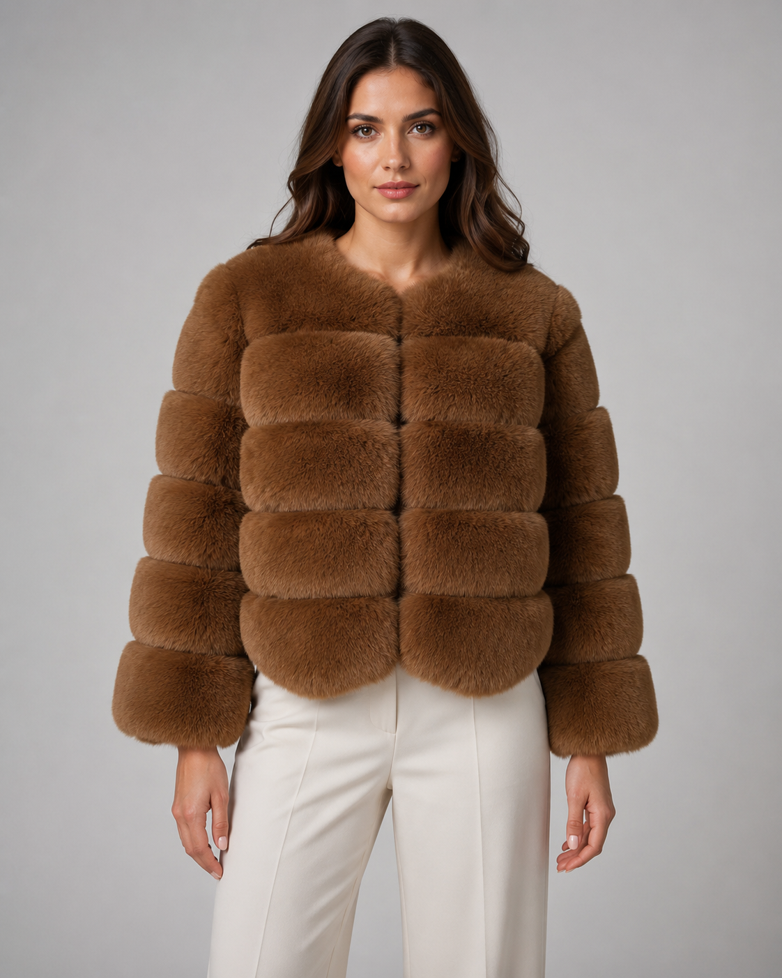 Women's Faux Fur Jacket - Collarless Cropped Fit