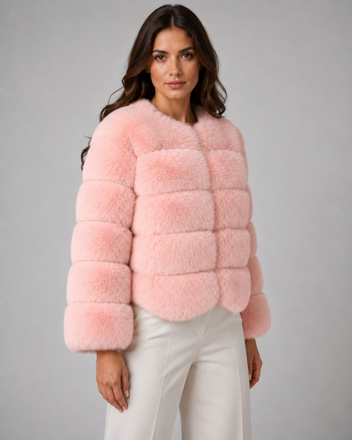 Women's Faux Fur Jacket - Collarless Cropped Fit